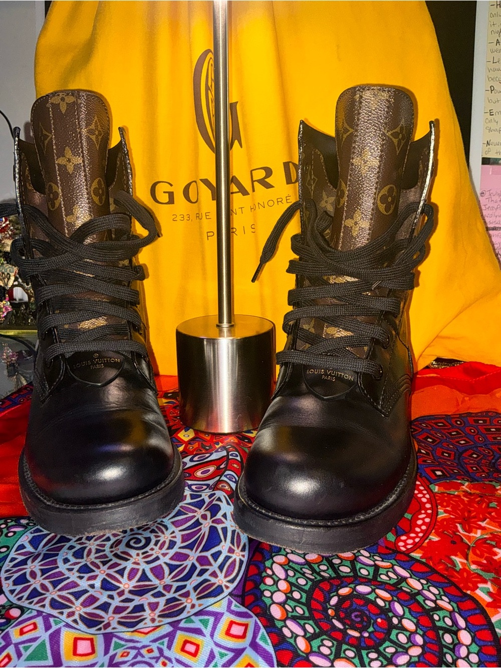 Louis Vuitton Black Leather and Brown Monogram Lace-Up Boots